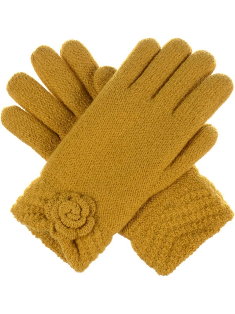 Women's Mustard Yellow Winter Flower Cuff Warm Faux Fur Fleece Lined Knit Gloves